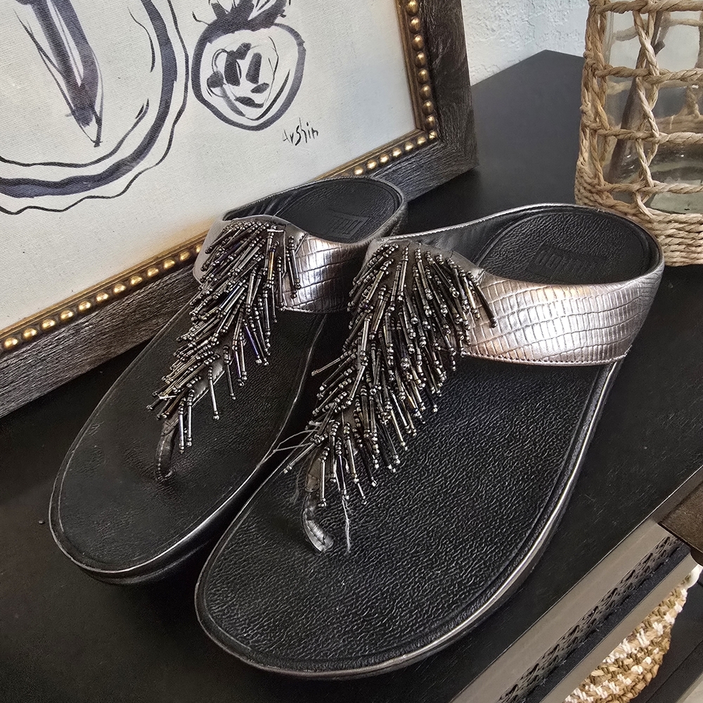 FitFlop Women's Cha Cha Beaded Fringe Thong Wedge Sandal 7